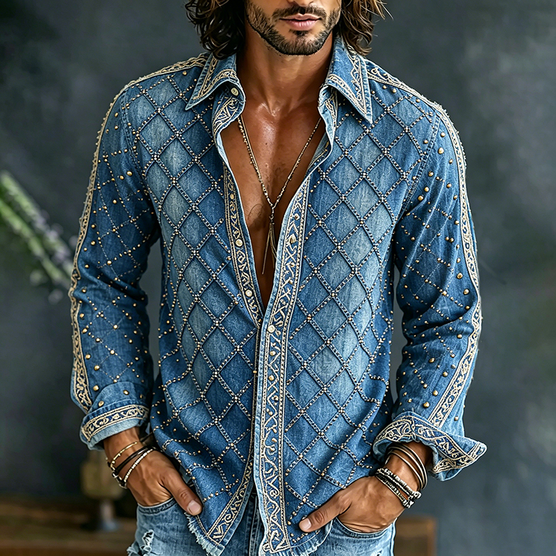 Men's Vintage Spring Summer Demin Design Print Art Flowy Linen Blend Shirt  artssus