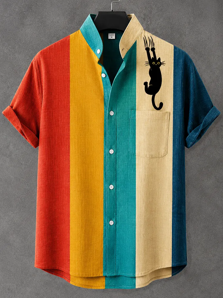 Men's Retro Vertical Striped Black Cat Claw Scratch Print Short-sleeve Shirt  artssus