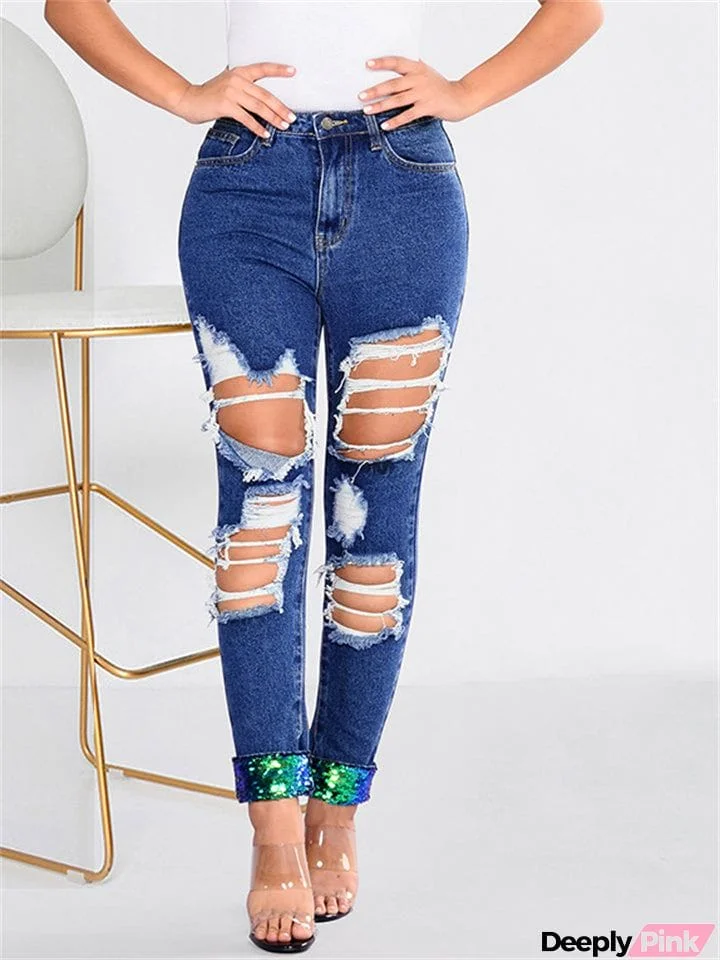 Street Style Women Ripped Extra Loose Sequin Straight-Leg Denim Jeans