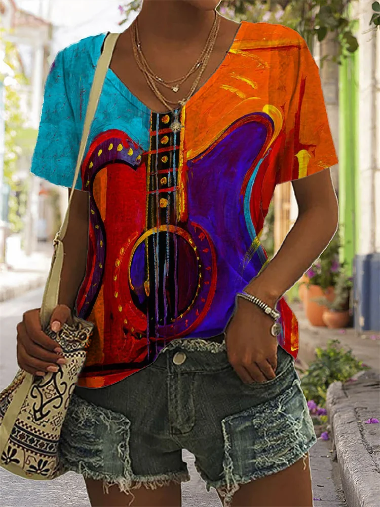 Music Lover Guitar Contrast Painting V Neck T Shirt