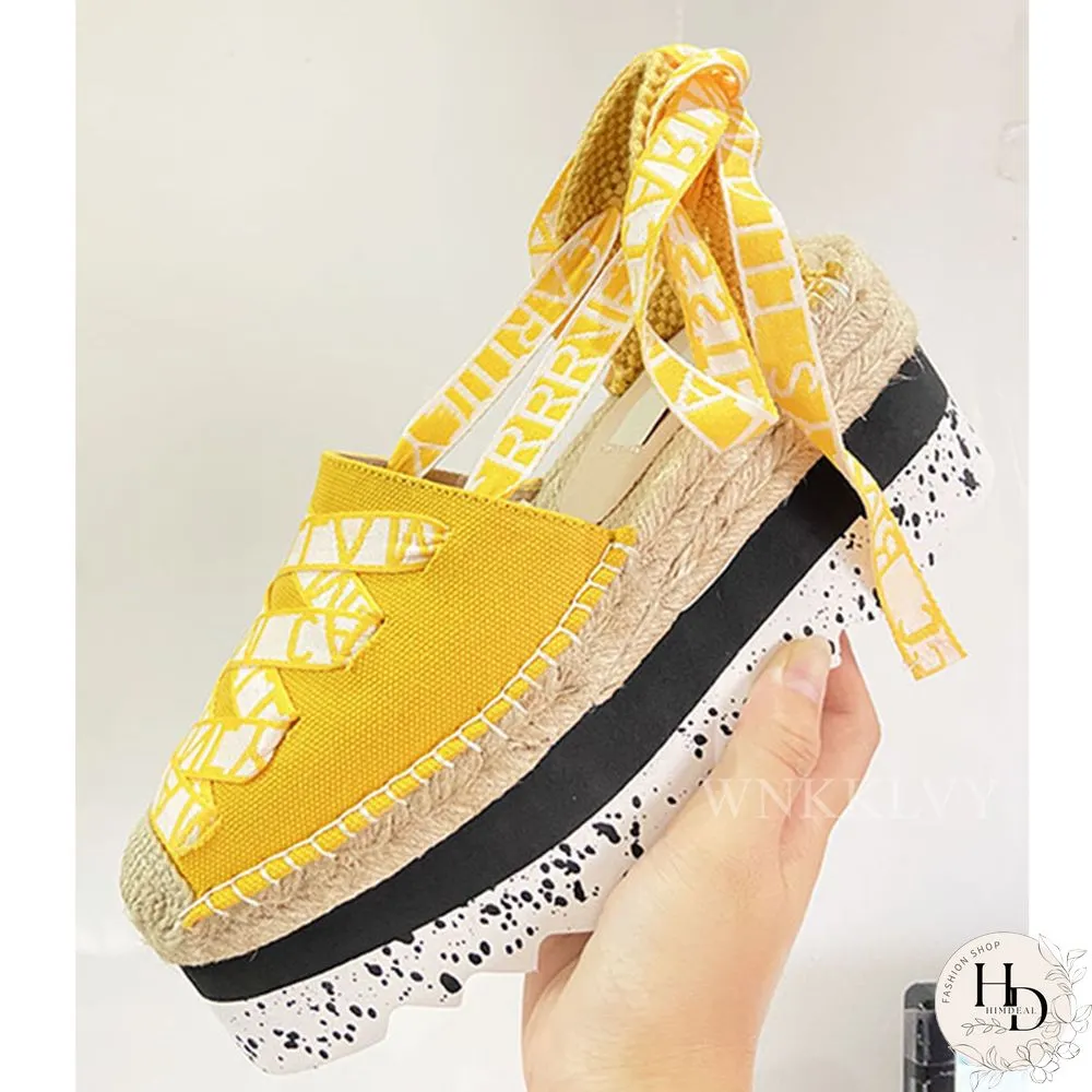 Flat Platform Denim Cloth Sandals Women Thick Sole Mixed Color Ankle Strappy Sandalias