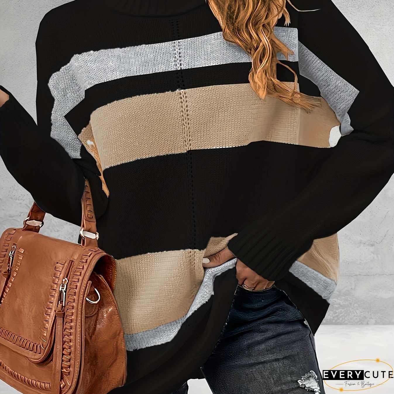 Plus Size Casual Sweater, Women's Plus Colorblock Long Sleeve Turtle Neck Slight Stretch Sweater