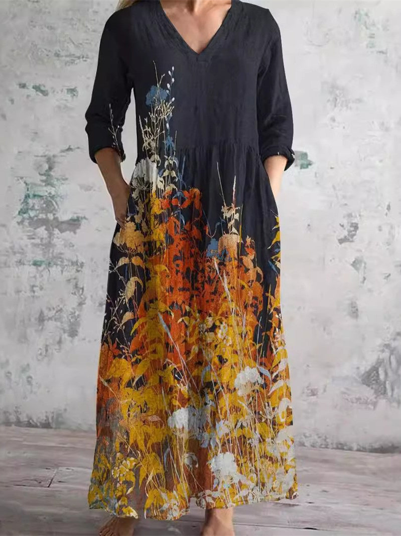 Women's Long Sleeve V-neck Floral Printed Midi Dress