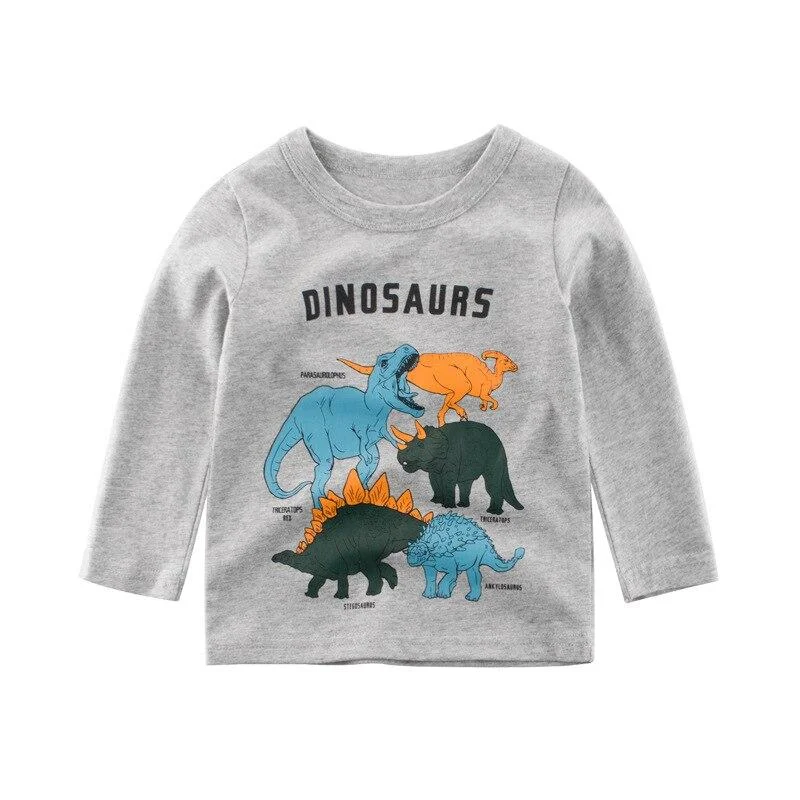 2-8 Years Kids T-shirts Boys Dinosaur Print Tops Girls Splice Long Sleeve T Shirt Children Autumn Winter Solid Cotton Sweatshirt