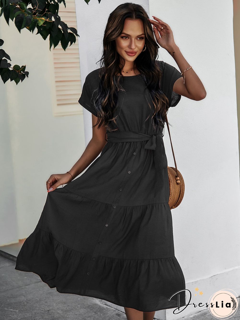 Short Sleeve Round Neck Wrap Tie Waist Maxi Dress