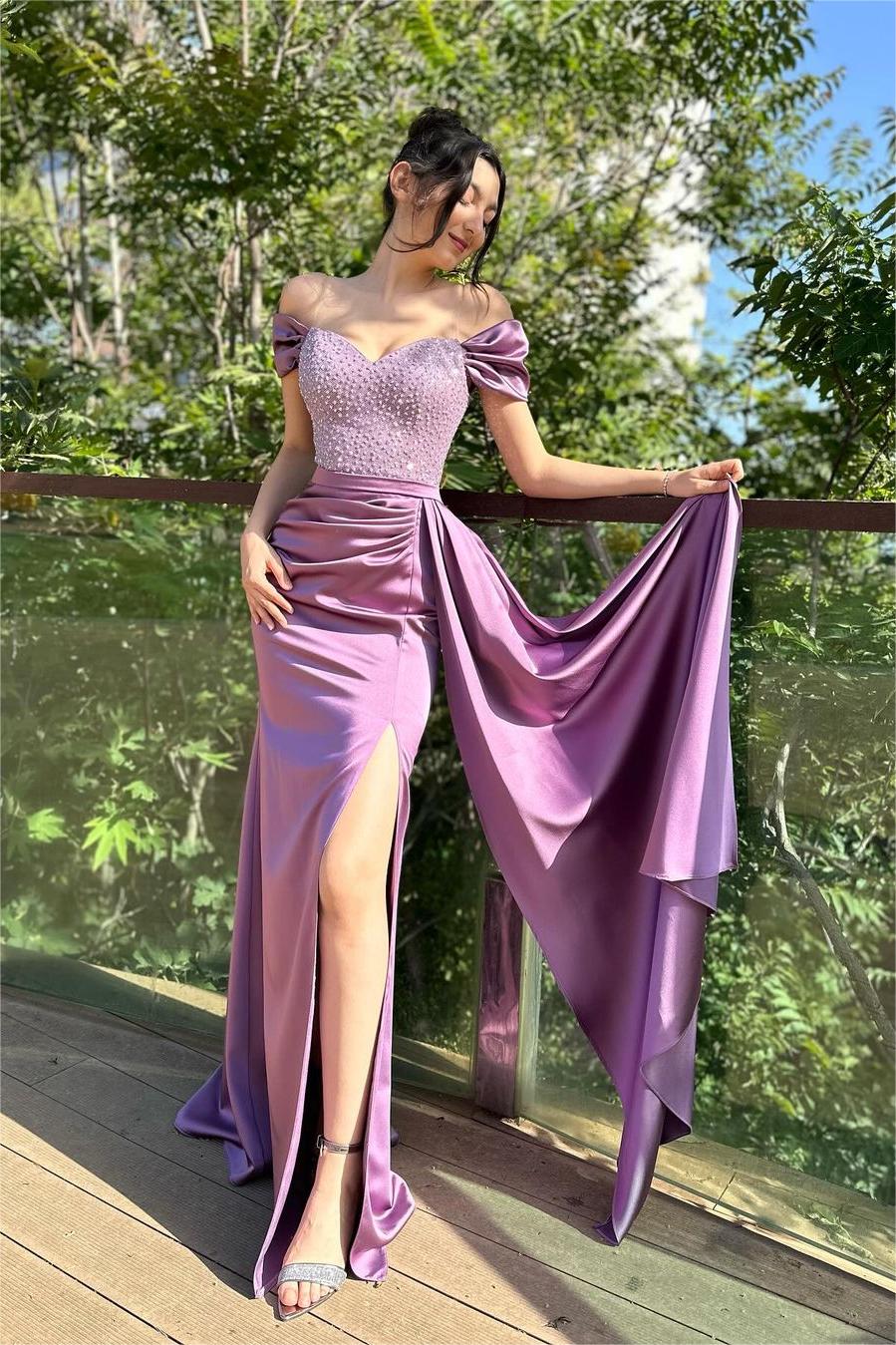 Stunning Purple Satin Strapless Off the Shoulder Beadings Prom Dress with Split | MS0008 