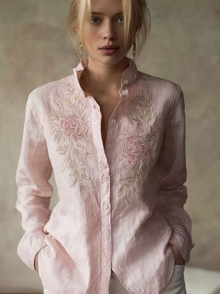 Light Pink Rose Embroidery Pattern Women's Casual Linen Long-sleeve Shirt elevenforest