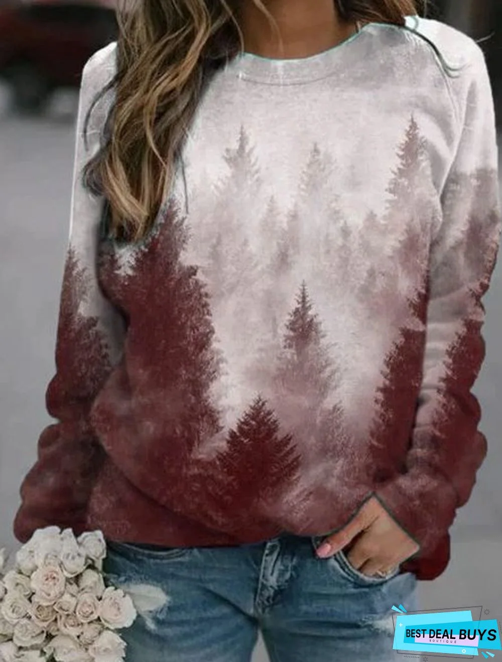 Casual Cotton-Blend Forest Printed Sweatshirt