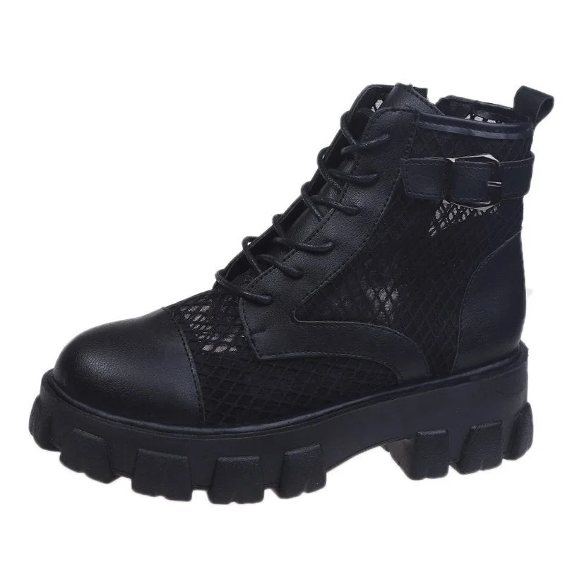 Classic Women Thick Bottom Black Mesh Summer Boots Round Toe Zipper Lace Up Platform Shoes Woman High Heels Ankle Botas