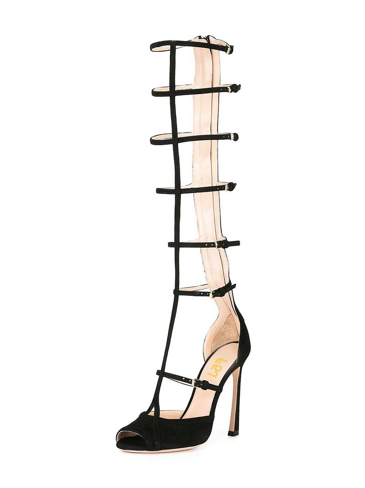 Women's Black Gladiator Heels Kneehigh Stiletto Heels Strappy sandals