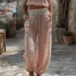 Women's Spring Floral Roses Embroidered Art Print Linen Blend Casual Pants - Image 2