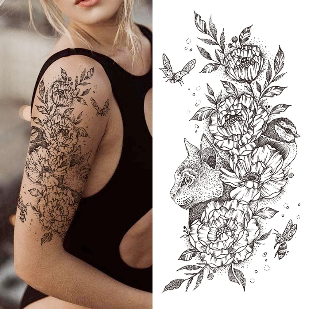 Realistic Fake Peony Temporary Tattoos For Women Girl Black Rose Elephant Flower Tattoo Sticker Tiger Anemone Tatoos Half Sleeve 515