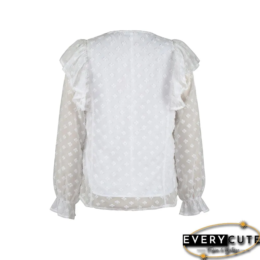 White Ruffle Detail V Neck Blouse
