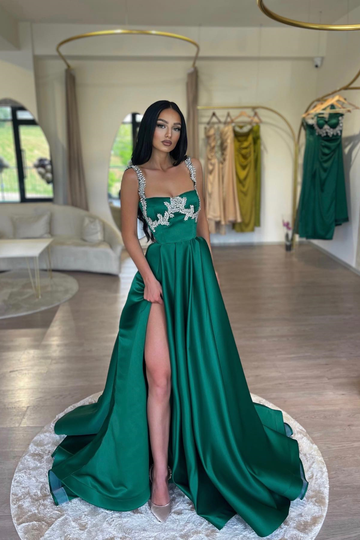 Gorgeous Dark Green Sleeveless A-line Prom Dress Crystals With Split - lulusllly