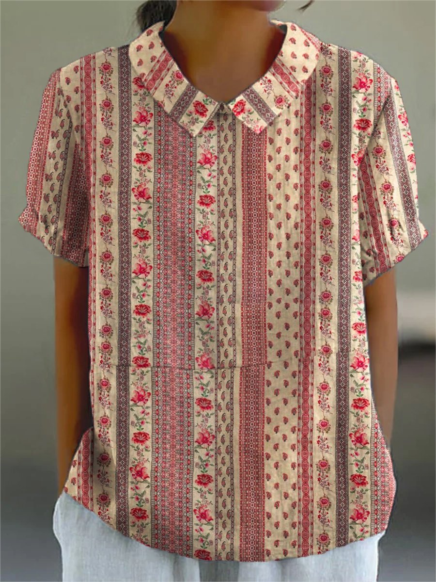 Women's Flower Art Print Casual Cotton And Linen Shirt