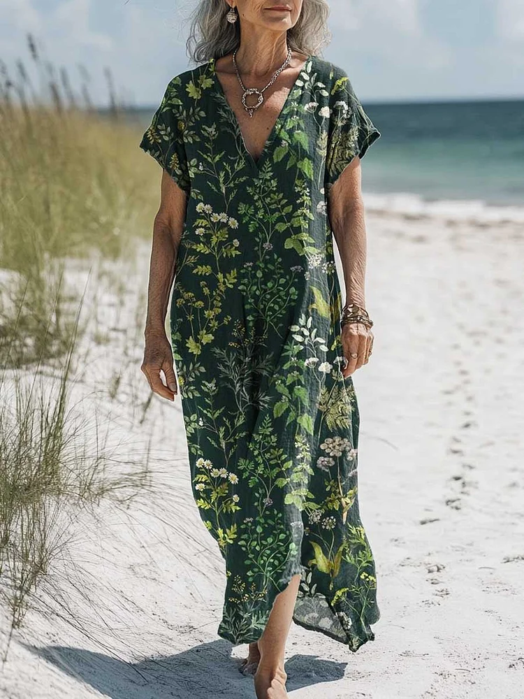 Women's Vintage Lovely Floral Art Print Pocket Cotton Dress