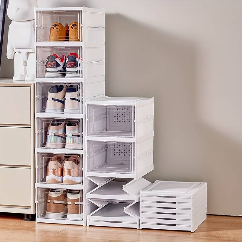 1pc 6-tier Boîtes À Chaussures Transparentes Avec Porte, Étagère À Chaussures Pliables Empilables Et Combinables Gratuitement, Conteneur De Baskets En Plastique, Organisateur De Rangement Gain De Place Pour Lentrée, La Chambre, La Maison, Le Dortoir détails 1