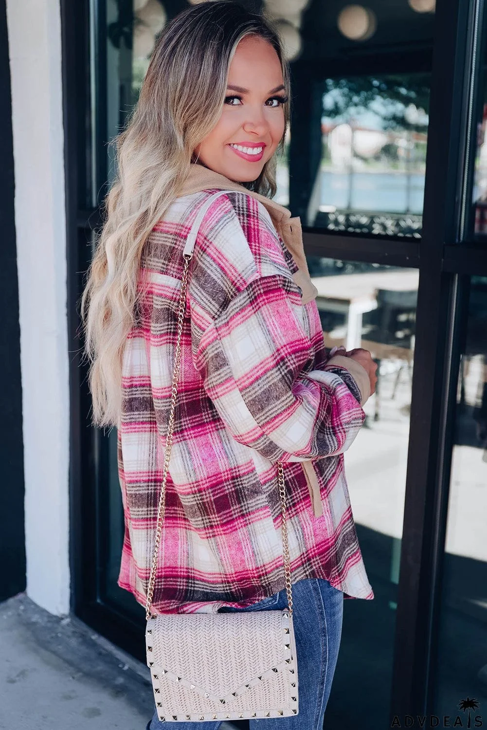 Rose Buttoned Contrast Trim Plaid Shacket