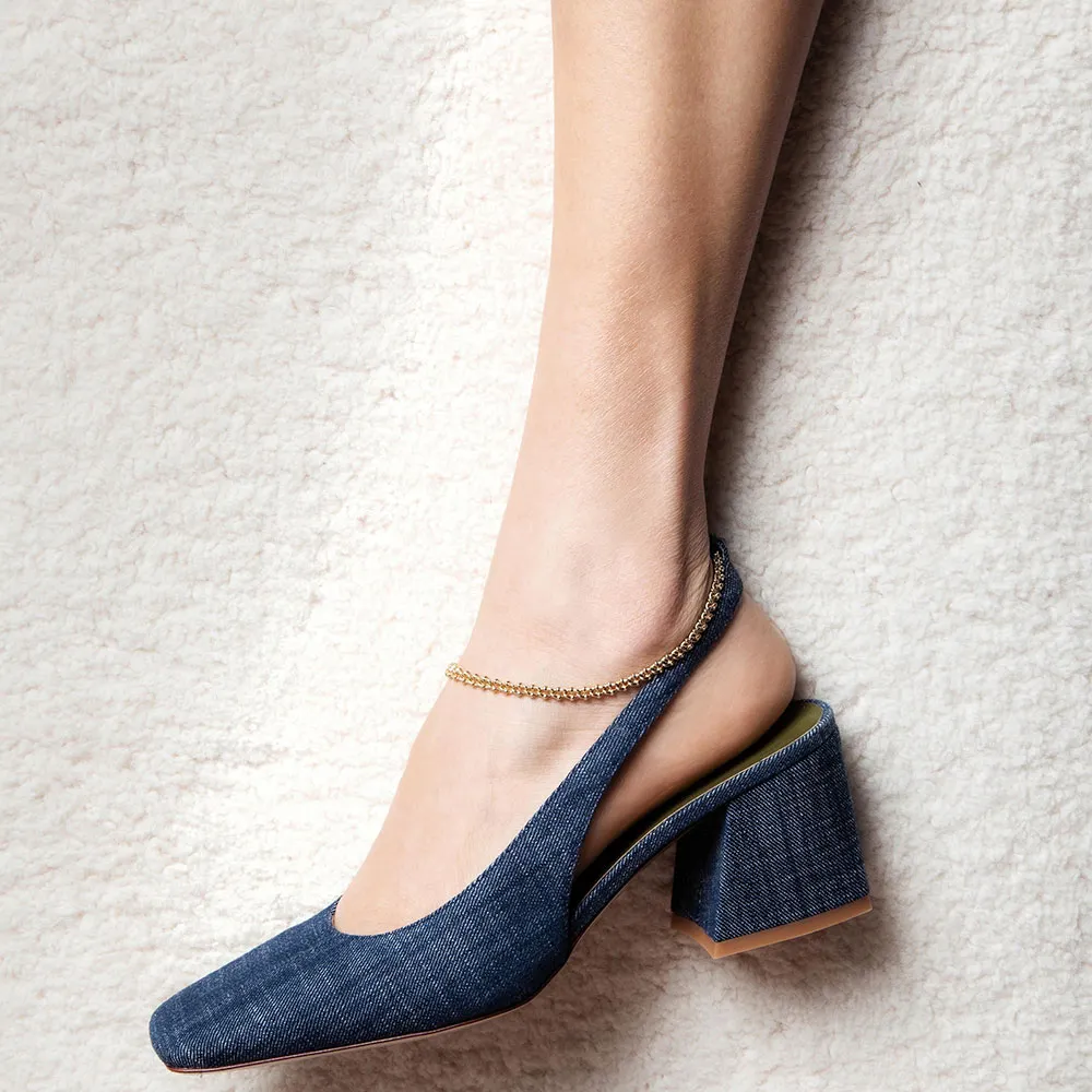 Chic Blue Denim Square Toe Chain Chunky Heel Slingback Shoes