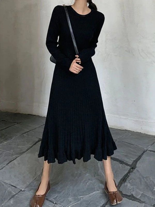 Vogue Pink Round-Neck Long Sleeves Ruffled Hem Striped Knit Sweater Dress