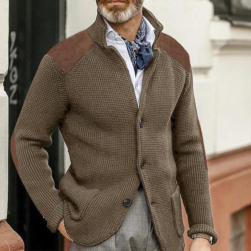 Men's Vintage Stand Collar Patchwork Slim Long Sleeve Knitted Blazer