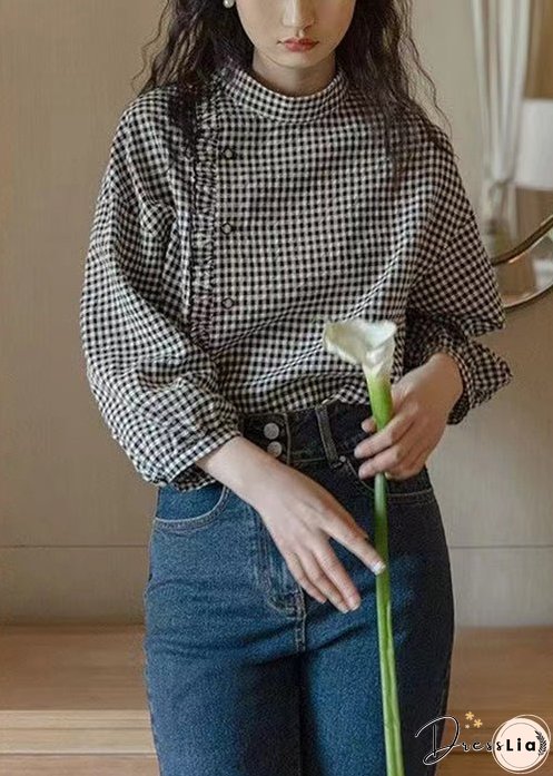 French Plaid Stand Collar Ruffled Cotton Shirt Long Sleeve