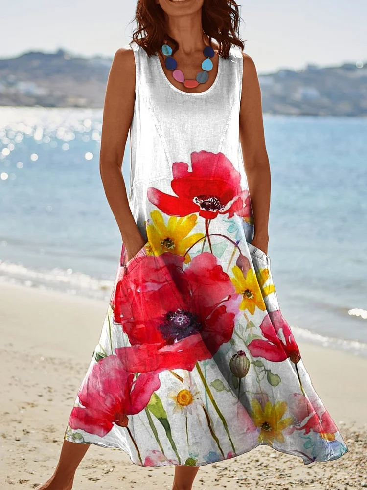 Women's Floral  Art Print Casual Linen Dress