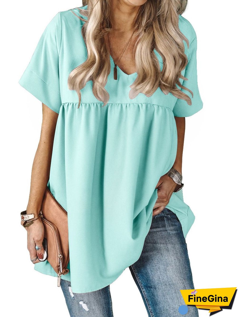 Women Short Sleeve V-neck Top Dress