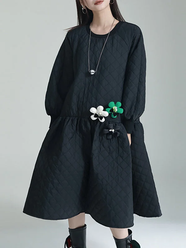 Urban Black Round-Neck Quilted Split-Joint Long Sleeve Midi Dress