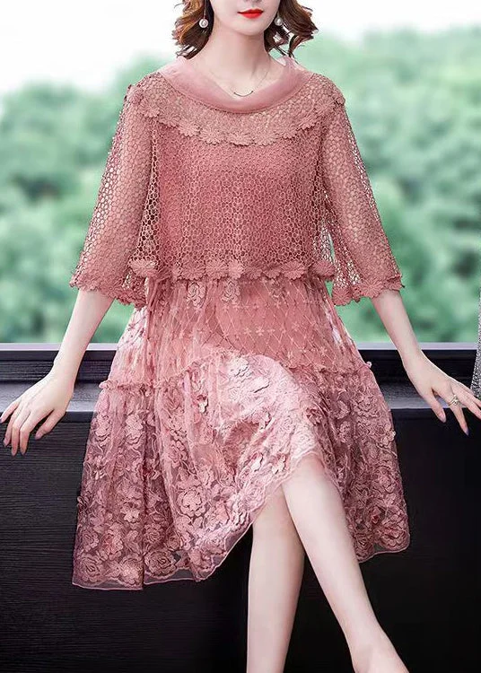 Pink O-Neck Ruffled Patchwork Lace Dress Half Sleeve