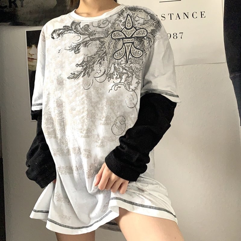 Xingqing Vintage Floral Print T Shirt Women Autumn Round Neck Long Sleeve Shirts Femme Casual Streetwear Y2k Tops 2021 Clothing