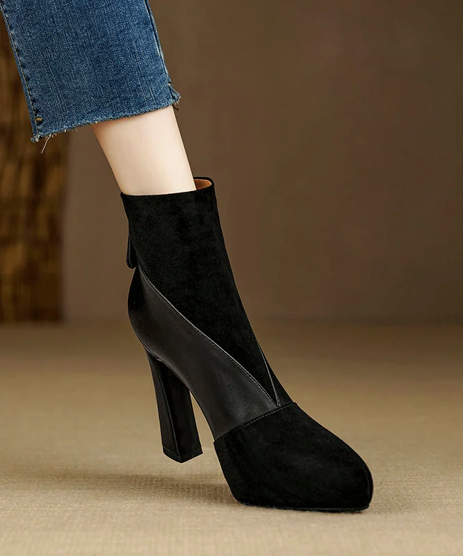 Stylish Zippered Splicing High Heel Boots Black Suede
