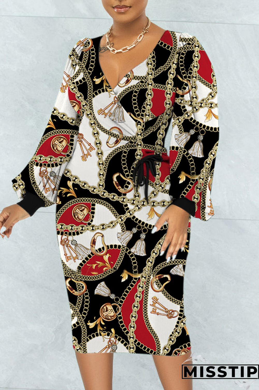 Black Casual Daily Print Fold V Neck Printed Dress Dresses