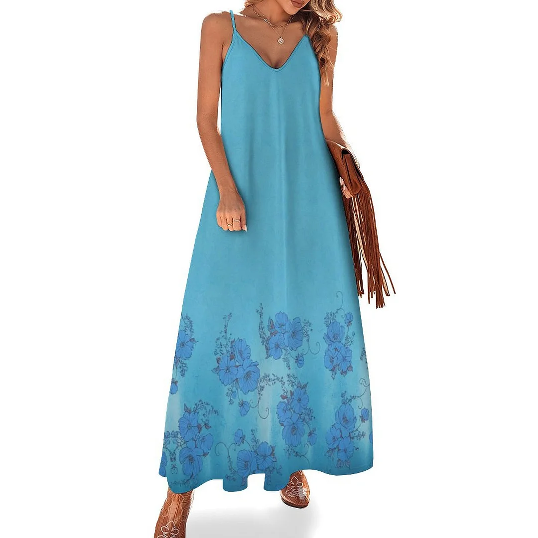Style & Comfort for Mature Women Plus Size Printed Sling Casual Women Maxi Dress in Pattern Floral, Blue
