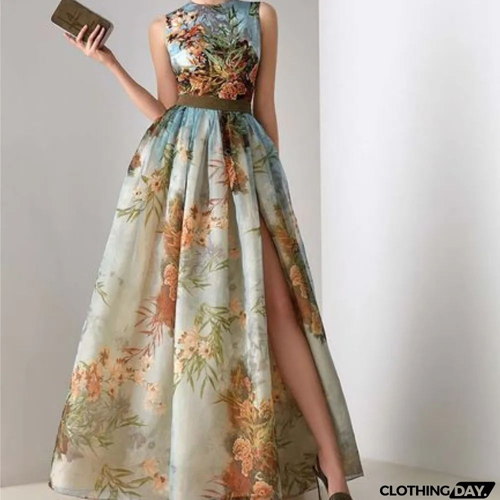 Women Print Sleeveless O-neck Side Split High Wedding Guest Dresses