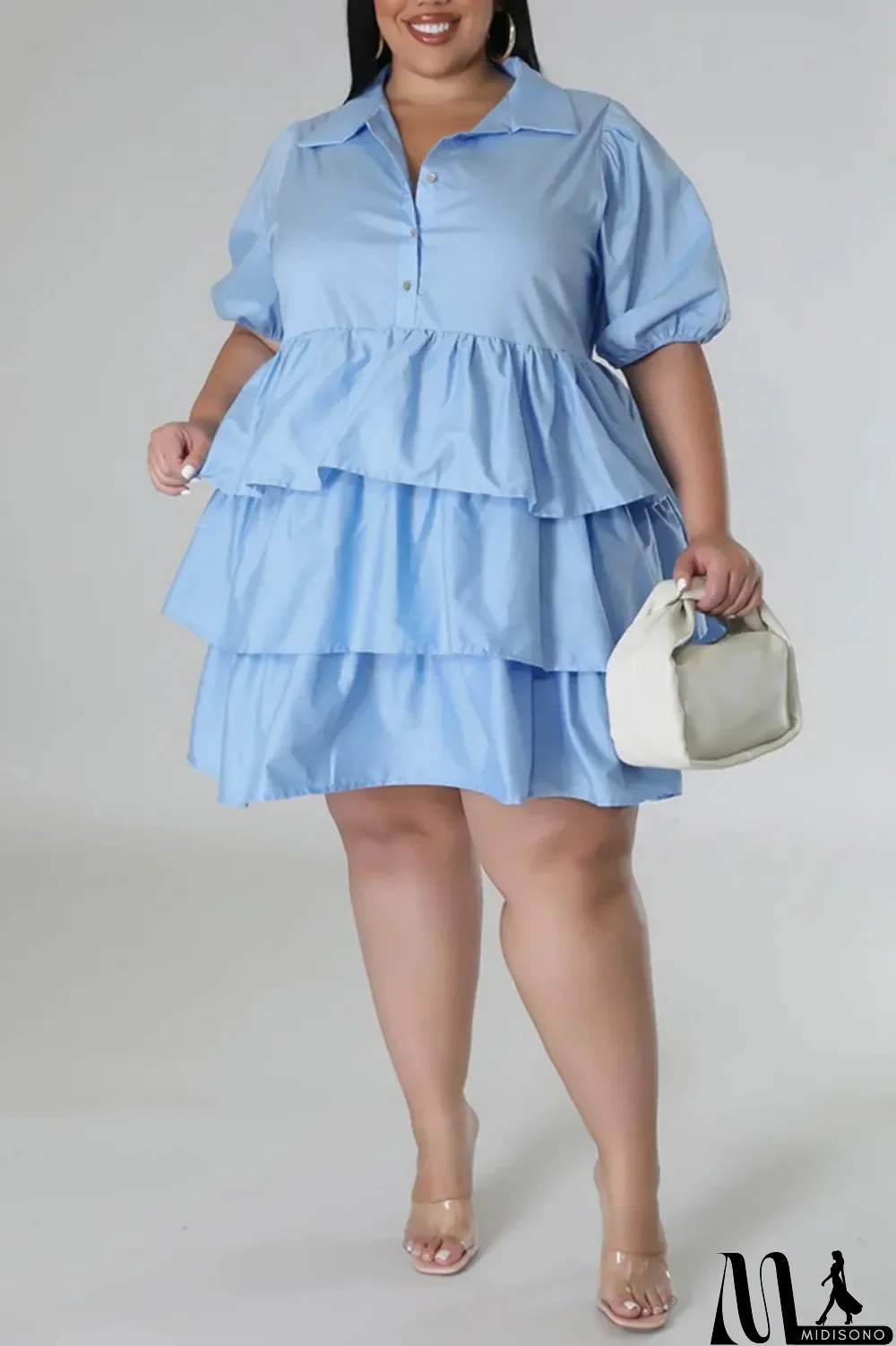 MidiSono - Light Blue Casual Solid Patchwork Turndown Collar Cake Skirt Plus Size Dresses