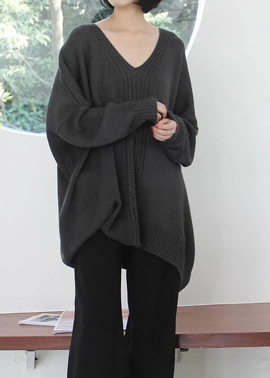 Vintage dark gray knitted blouse fall fashion v neck Batwing Sleeve knitted clothes