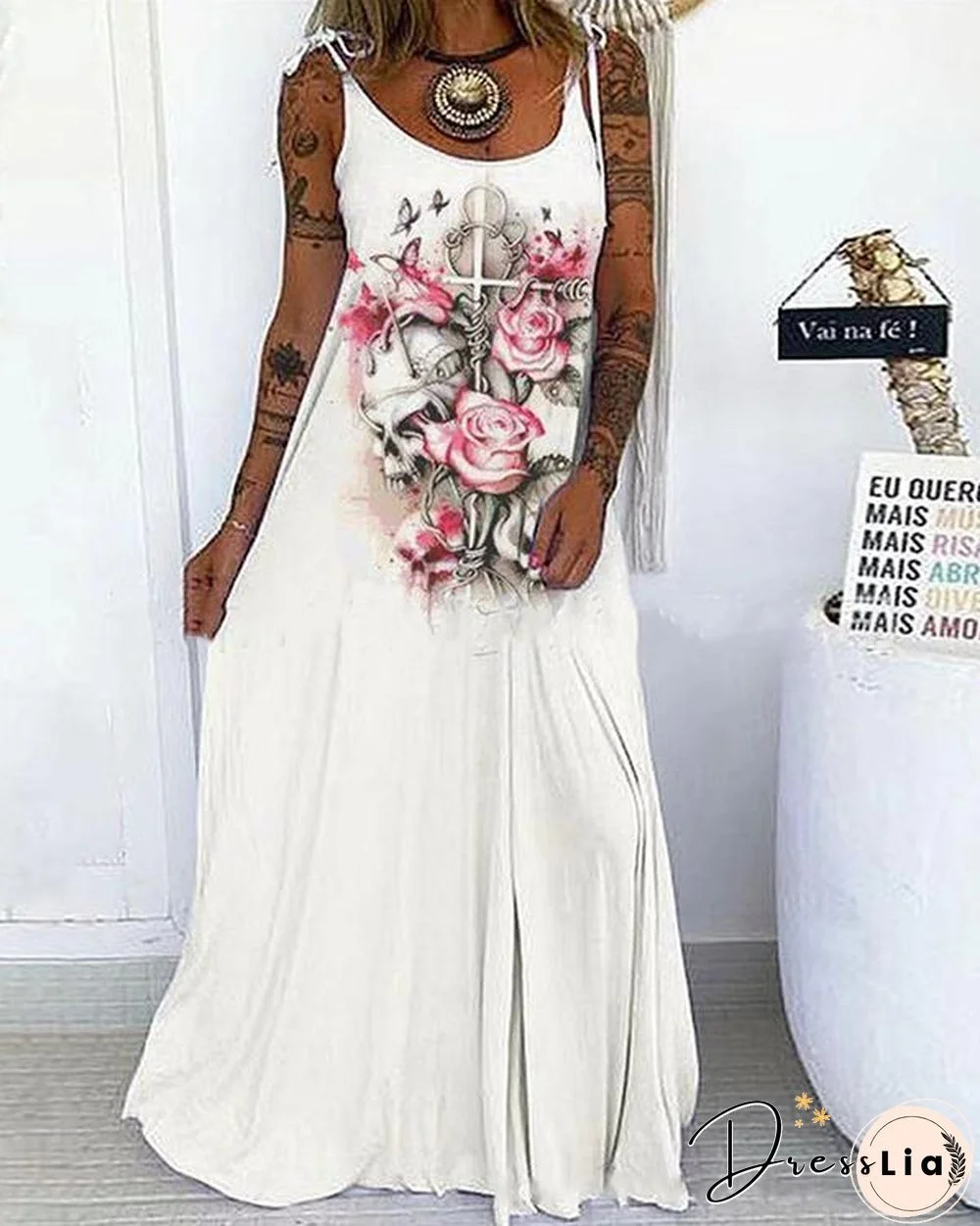 Multiple Color Skull&Rose Print Lace up Spaghetti-Strap Maxi Dress