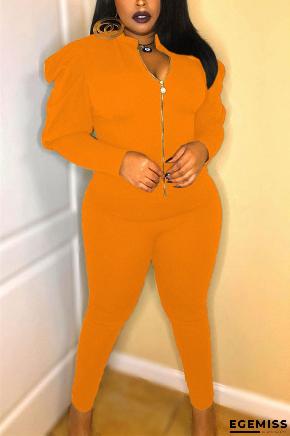 Orange Active Casual Patchwork Solid pencil Puff sleeve Two Pieces | EGEMISS