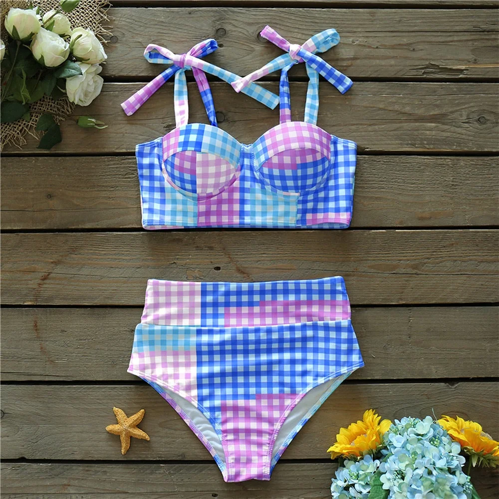 2021 Sexy Colorful Plaid Bikini Set High Waist Swimwear Shoulder Strappy Bathing Suit Beachwear Biquini female