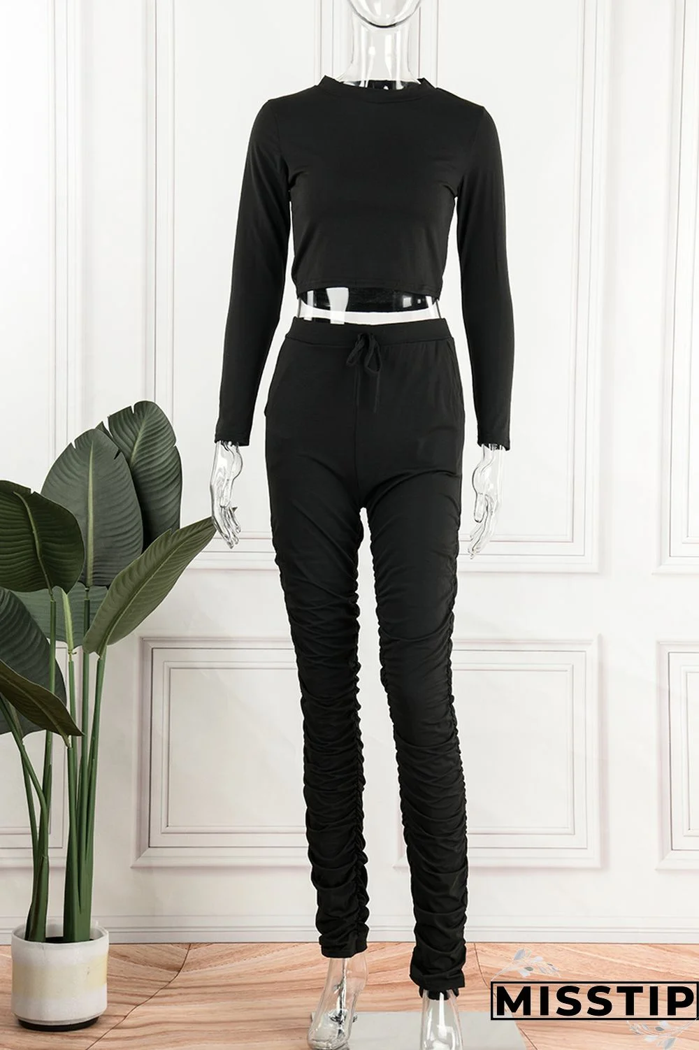 Pink Casual Solid Basic O Neck Long Sleeve Two Pieces