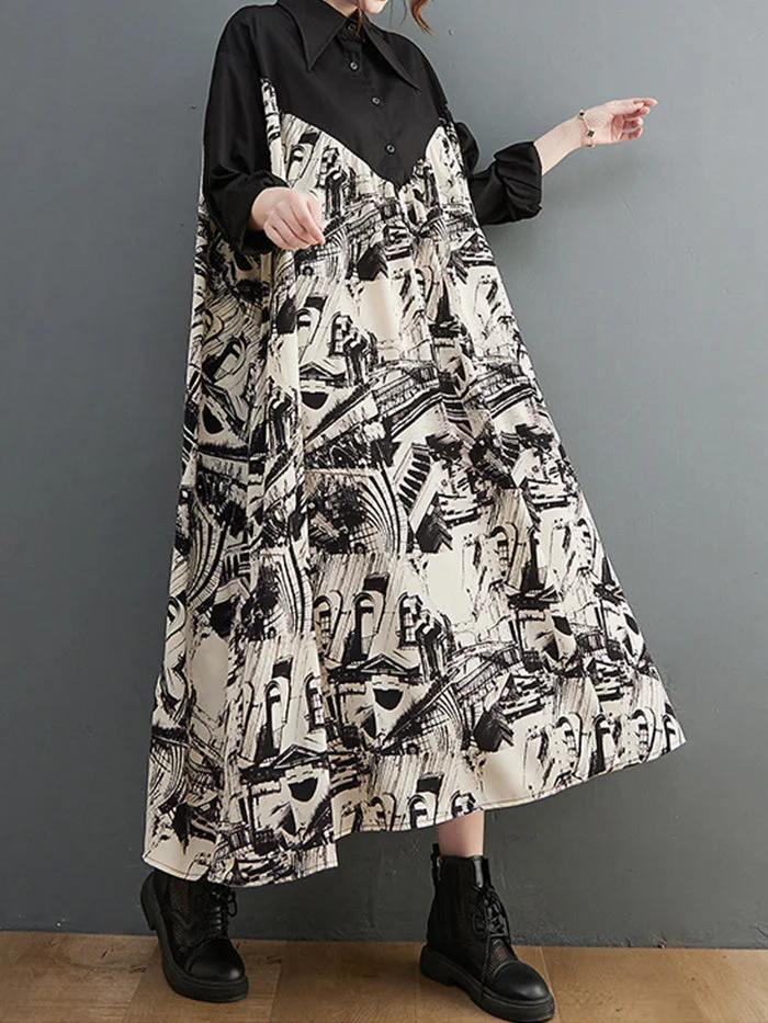 Fashion Cotton Linen Shirt Patchwork Print Dress