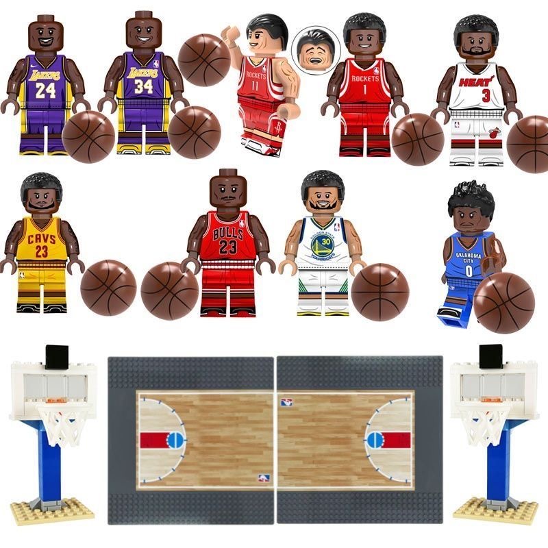 NBA Legends MOC Building Blocks Set - 8 Basketball Star Minifigures (Durant, Kobe, Curry, Harden & More) with Basketball Court & Hoops, Compatible with LEGO
