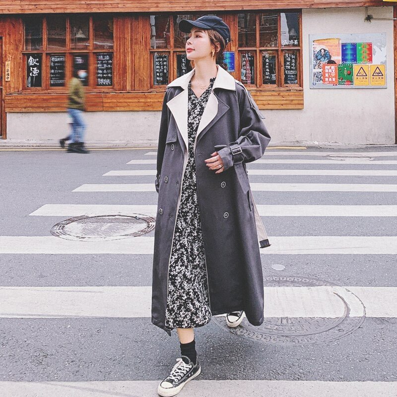 Brand New Fashion Double-Breasted Long Women Trench Coat Grey with Belt Spring Autumn Fall Outerwear Lady Duster Coat for Female