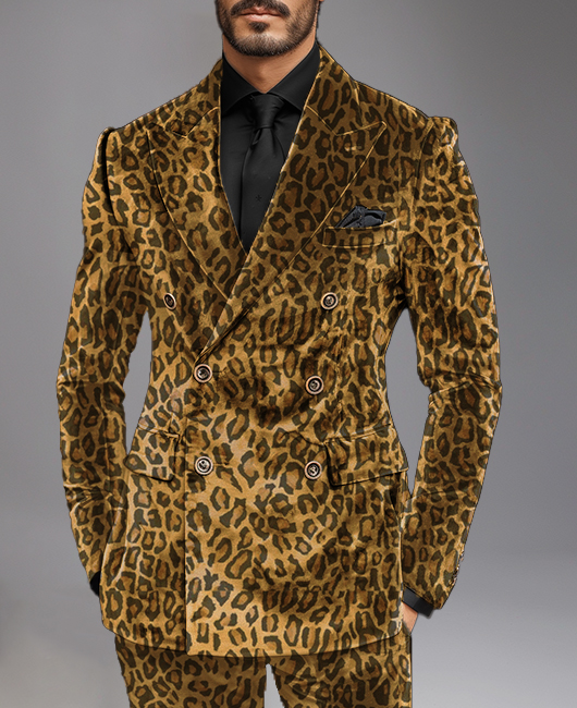 Okaywear Business Peaked Lapel Double Breasted Leopard Pattern Velvet Blazer