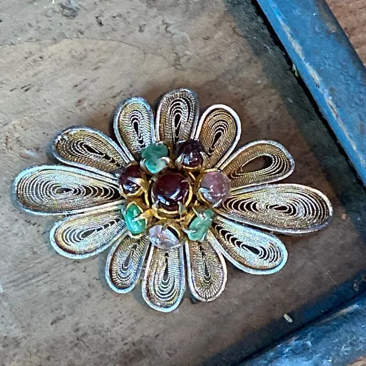 Old Chinese Export Sterling Silver Filigree Pin with Gemstones