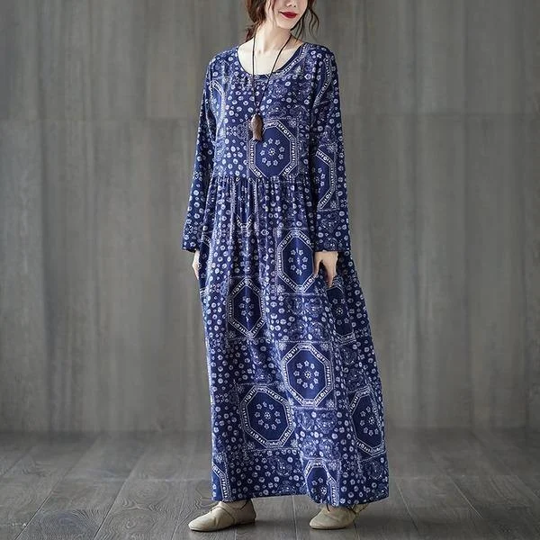 omychic cotton linen plus size vintage floral for women casual loose long autumn dress