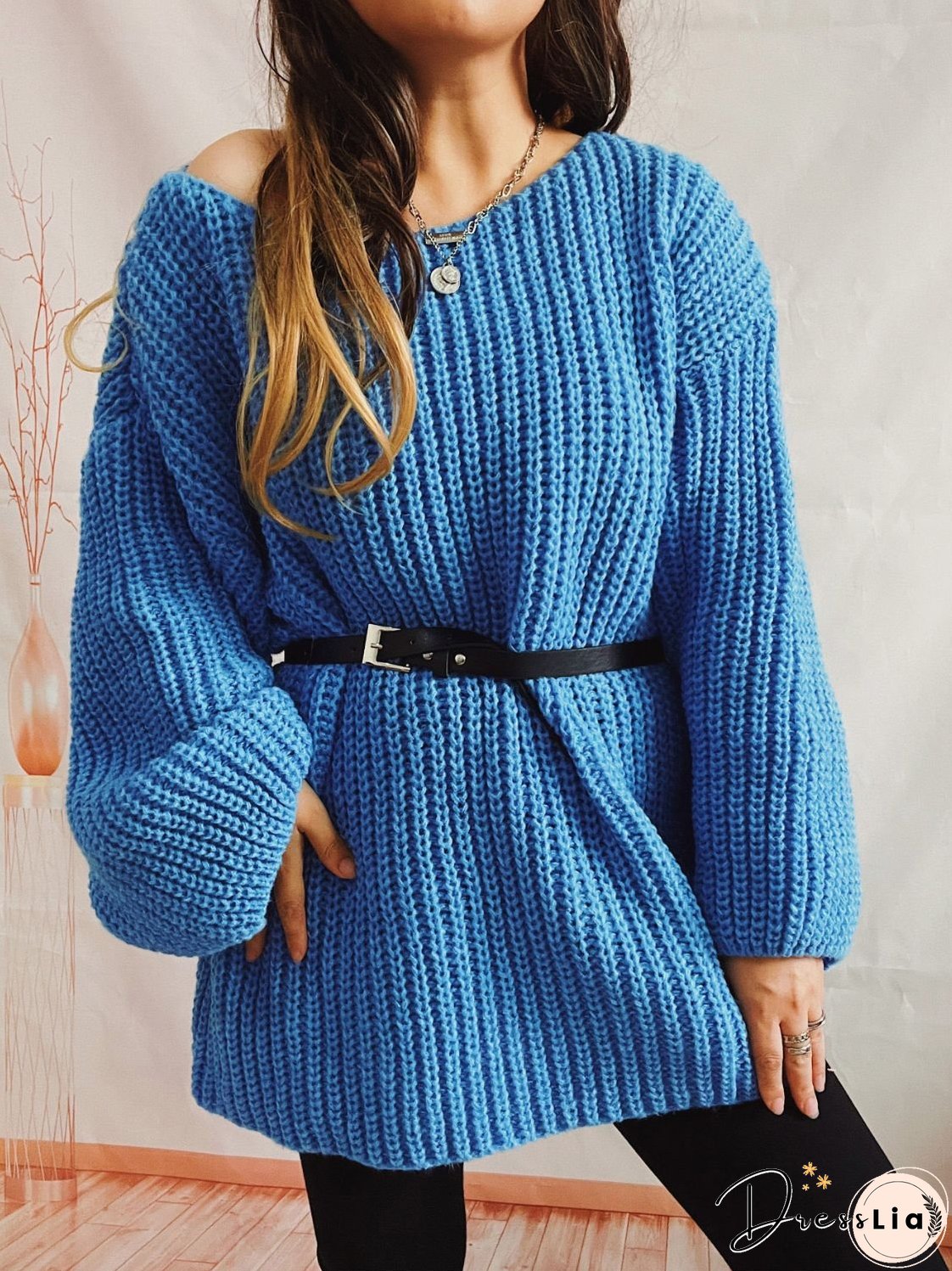 Boat Neck Long Sleeve Sweater with Belt