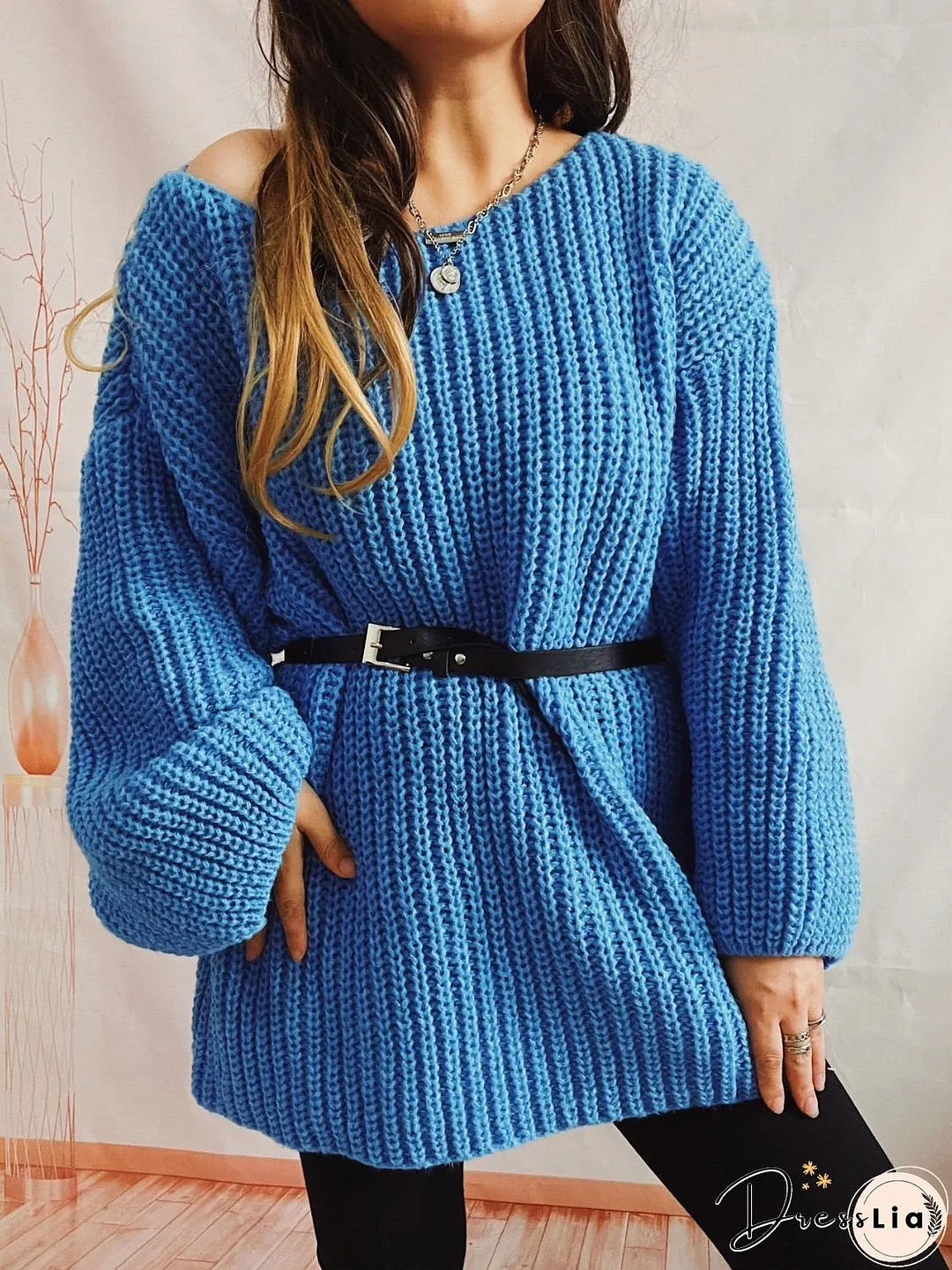 Boat Neck Long Sleeve Sweater with Belt
