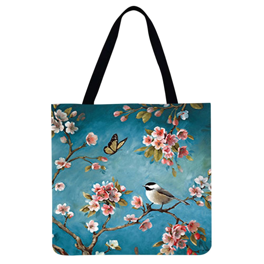 Linen Tote Bag-Flowers and birds